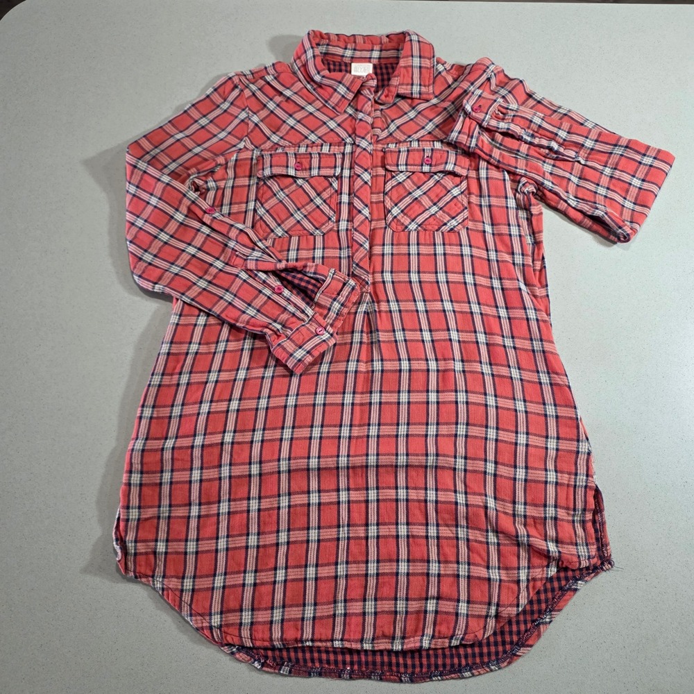 Canyon River Blues Womens Large Plaid Tunic Shirt Coral Pink Navy Long Sleeve